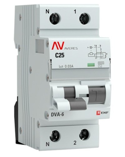 DVA-6 1P+N 25А (C) 30мА (AC) 6кА  AVERES (rcbo6-1pn-25C-30-ac-av). Автоматический выключатель дифференциального тока. EKF в Красноярске