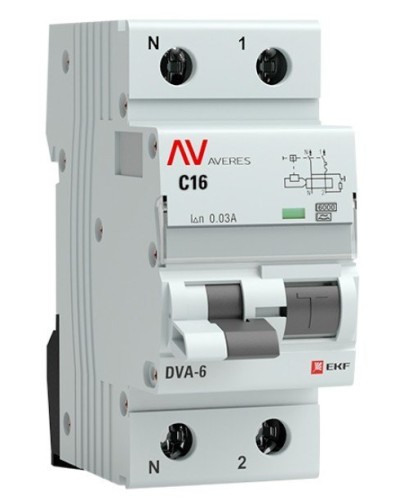 DVA-6 1P+N 16А (C) 30мА (A) 6кА  AVERES (rcbo6-1pn-16C-30-a-av). Автоматический выключатель дифференциального тока. EKF в Красноярске