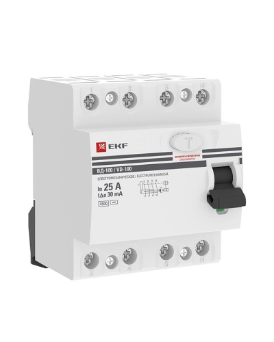 УЗО ВД-100 4P 25А 30мА тип AC эл-мех  PROxima (elcb-4-25-30-em-pro). Выключатель дифференциального тока (УЗО). EKF в Красноярске