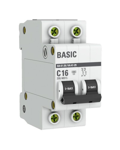 Автоматический выключатель 2P 16А (C) 4,5кА ВА 47-29 Basic (mcb4729-2-16C). Автоматический выключатель. EKF в Красноярске