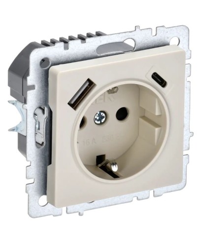 Розетка с з/к с USB A+C 18Вт РЮш11-1-БрКр бежевый BRITE (BR-R14-16-U22-018-K10). Розетка с заземлением с защитными шторками, 18Вт. IEK в Красноярске