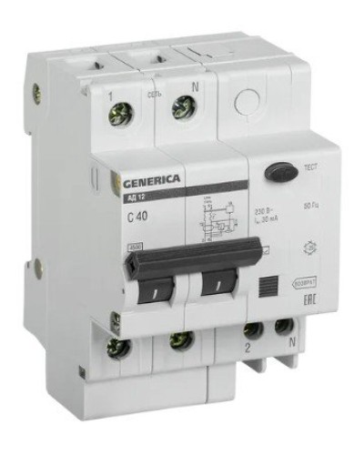 GENERICA АД12 2Р 40А 30мА (MAD15-2-040-C-030). Автоматический выключатель дифференциального тока. IEK в Красноярске
