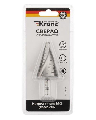 Сверло по металлу ступенчатое ТИТАН 9,0-36,0 мм 110 mm 65 HRC Р6М5 TiN Kranz (KR-12-6614): Сверло по металлу шлифованное в Красноярске
