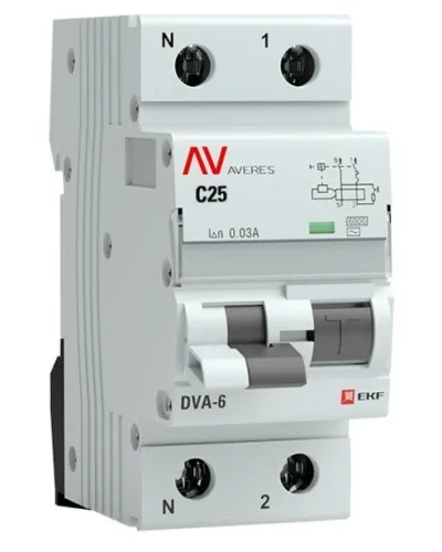 DVA-6 1P+N 25А (C) 30мА (AC) 6кА  AVERES (rcbo6-1pn-25C-30-ac-av). Автоматический выключатель дифференциального тока. EKF в Красноярске