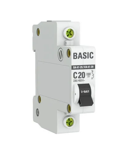 Автоматический выключатель 1P 20А (C) 4,5кА ВА 47-29 Basic (mcb4729-1-20C). Автоматический выключатель. EKF в Красноярске